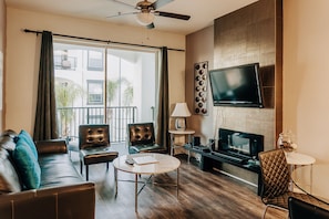 Smart TV, fireplace, video games, DVD player