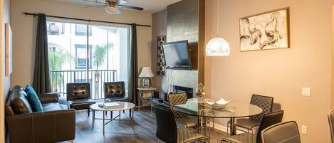 Smart TV, fireplace, video games, DVD player