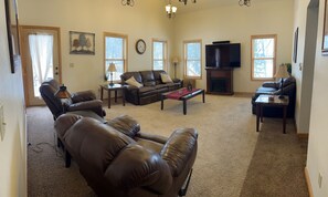 Smart TV, fireplace, DVD player, foosball