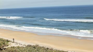 A beach with waves, sandy shore, and sparse vegetation.