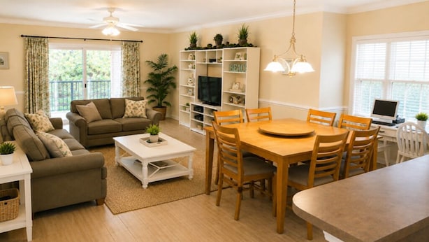 A living room with a sofa, coffee table, dining table, chairs, a TV, and a bookshelf.