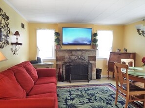 Smart TV, fireplace, DVD player, video library