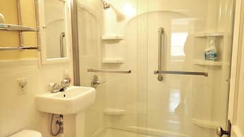 Combined shower/tub, hair dryer, soap