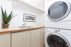 Een wasruimte met een wasmachine, een wasbak en een potplant.
