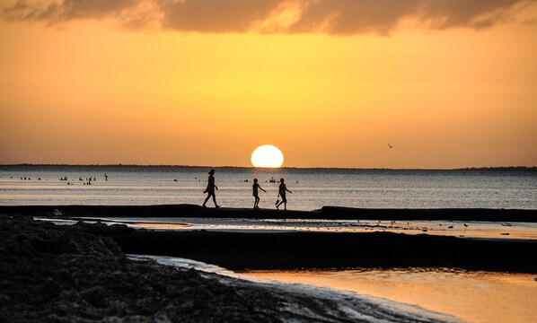 Un coucher de soleil sur une plage, avec les silhouettes de personnes qui se promènent.
