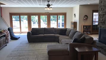 Smart TV, fireplace, DVD player, foosball