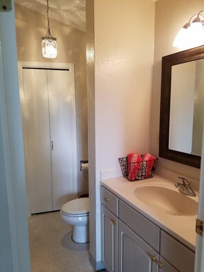 Combined shower/tub, jetted tub, hair dryer, towels