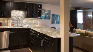 A modern kitchen with dark cabinetry, a stainless steel dishwasher, and a marble countertop. - 500 Ft. From Slope! Remodeled Studio  (Steamboat Springs)