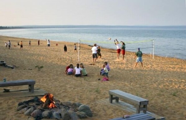 On the beach, sun-loungers, beach towels