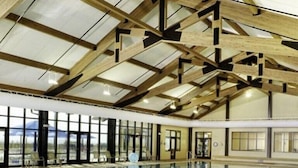 An indoor swimming pool with a high ceiling and large windows. - Wildlife Surrounds! Enjoy Fireplace, Pool Table, Fire Pit, Piano. Near Marina! (Galena)