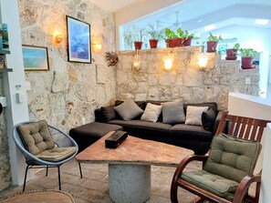 TV, DVD player, books, music library