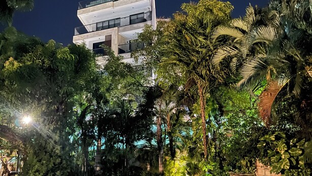 A modern building with a pool surrounded by lush greenery and palm trees.