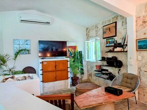 Téléviseur, lecteur de DVD, livres, sélection de musique