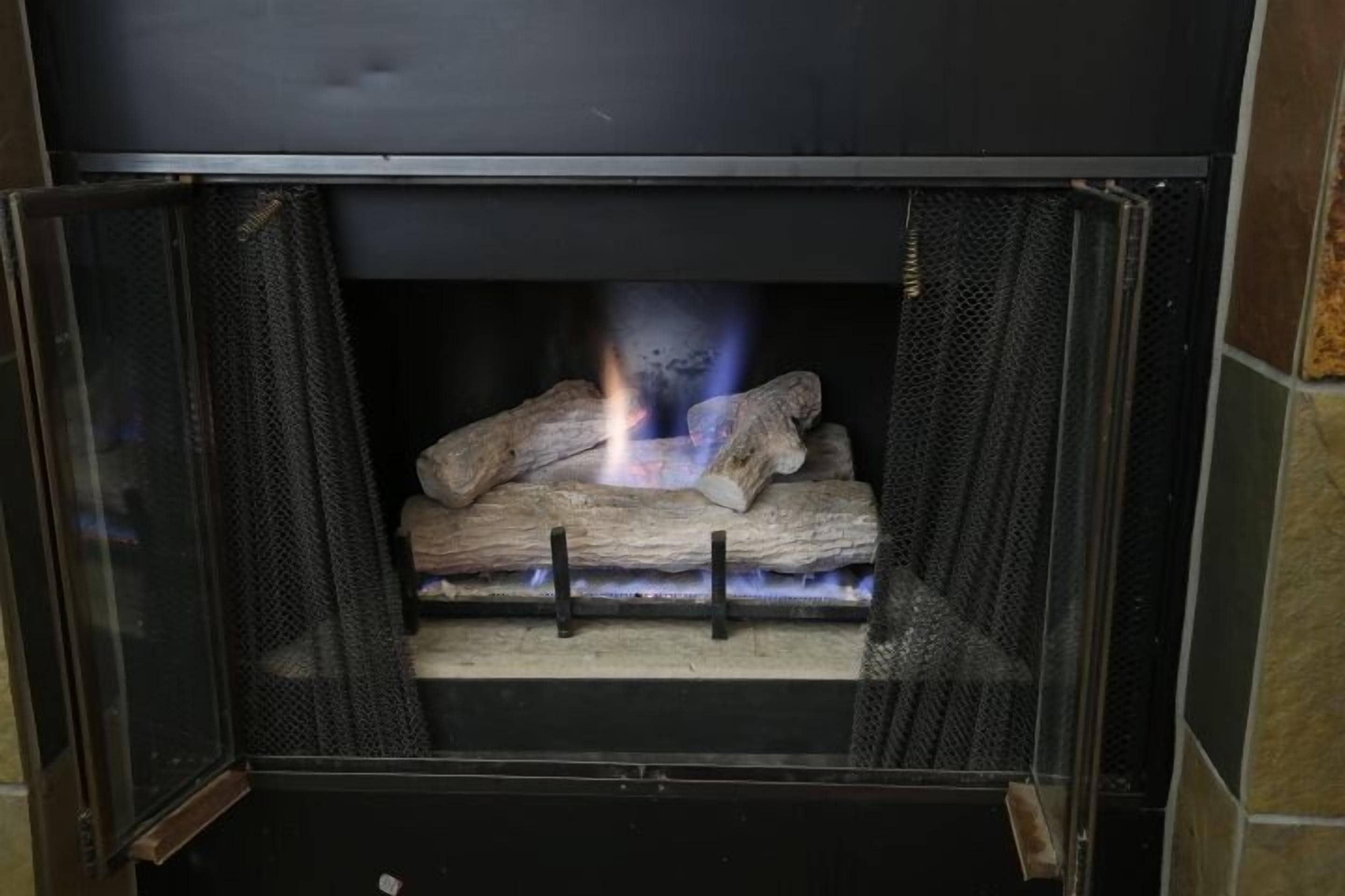Una chimenea con leña ardiendo dentro de una reja de metal.