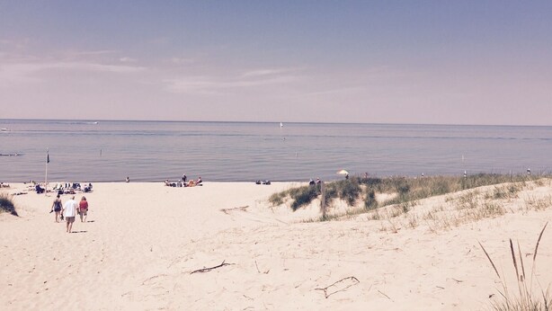 A beach with people walking and sitting on the sand, a clear sky, and the ocean in the background. - Lake Michigan Beach & Heated Pool 1 King  BR+  Cottage Sleeps 3 (South Haven)