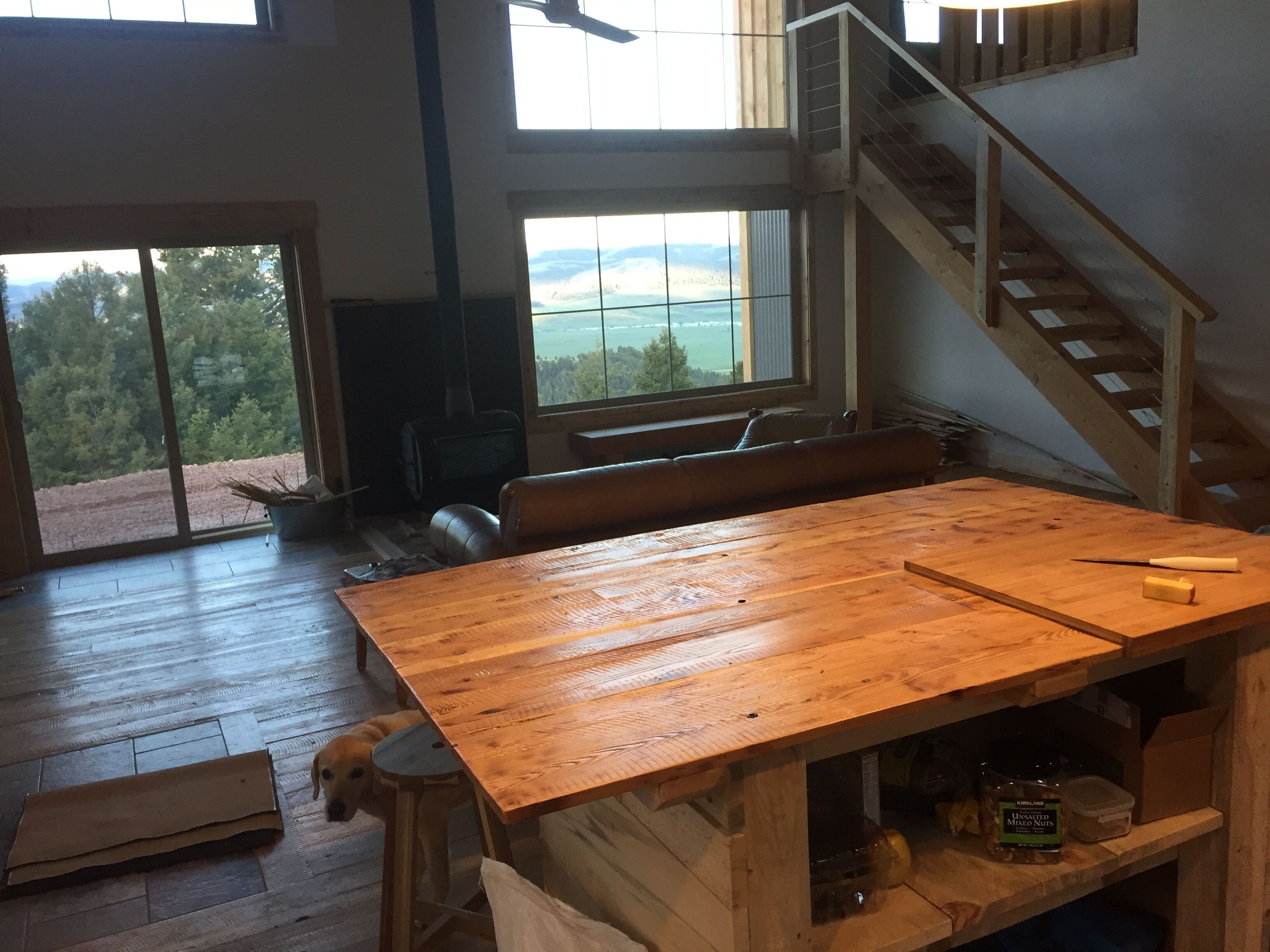 Une pièce spacieuse avec une grande table en bois, un chien et une vue sur l’extérieur grâce à une grande fenêtre.