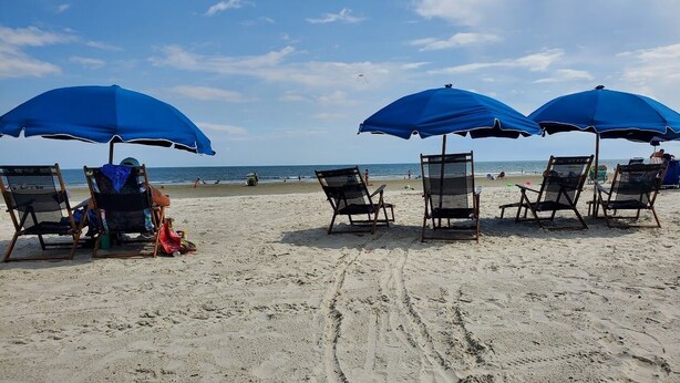 A beach with rows of beach chairs under blue umbrellas, a clear sky, and the ocean in the background. - Updated 2 BR/ 2.5 Bath Close to everything you need. (Hilton Head Island)