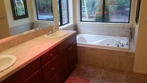 Shower, jetted bath, hair dryer, towels