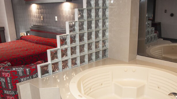 A modern bathroom with a freestanding bathtub, a glass block storage unit, and a red patterned bed in the background.