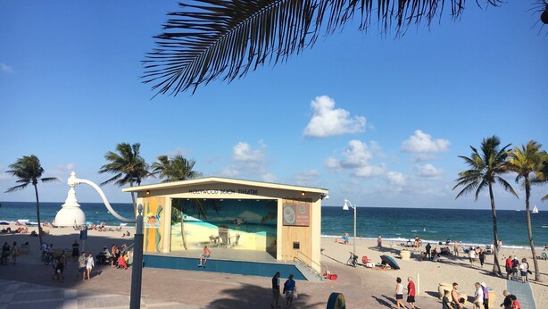 Un théâtre en bord de mer, doté d’une scène et d’un espace pour les spectateurs, avec des palmiers et l’océan en toile de fond.