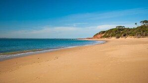 A wide sandy beach with gentle waves, a clear blue sky, and a forested cliff in the background.