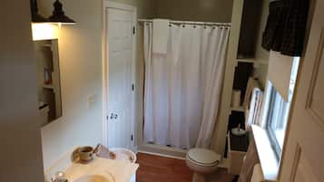 Hair dryer, towels, soap, toilet paper
