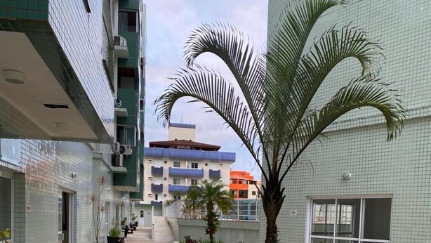 A corridor with tiled flooring, benches, and potted plants. - Apt-207 in Comfortable Condominium 350m from the beach W/Air cond (Praia Grande)