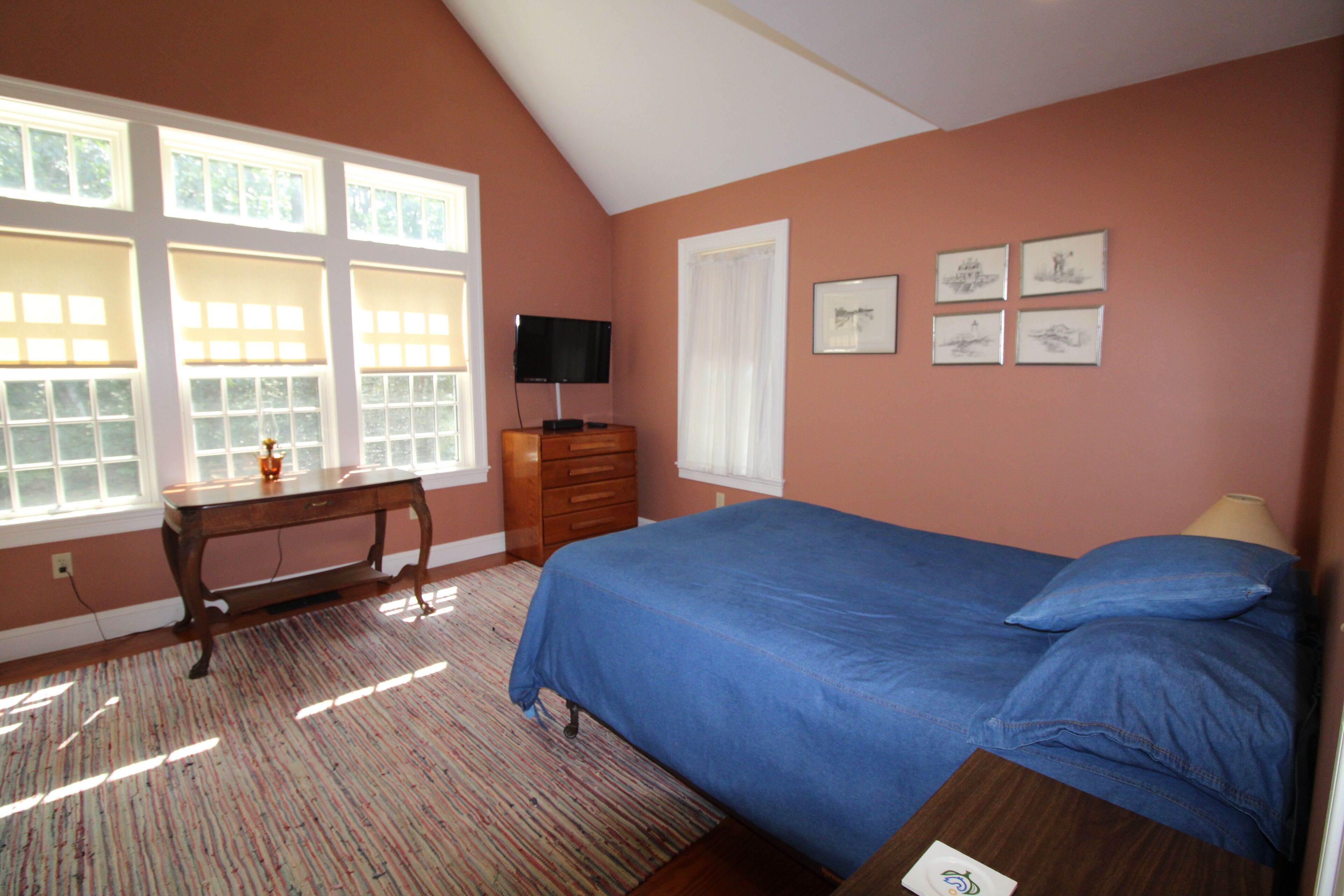 A bedroom with a large bed, a dresser, a television, and multiple windows.