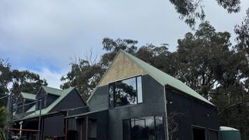 A modern two-story house with a dark exterior, a sloped roof, and a large window.