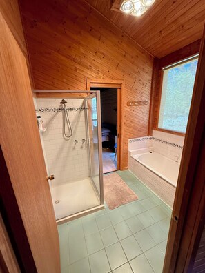 Shower, hair dryer, towels, soap