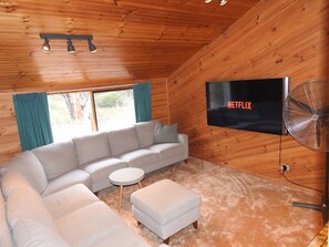 Smart TV, chimenea, estéreo