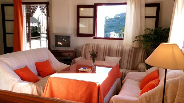 Téléviseur, foyer, lecteur de DVD, livres