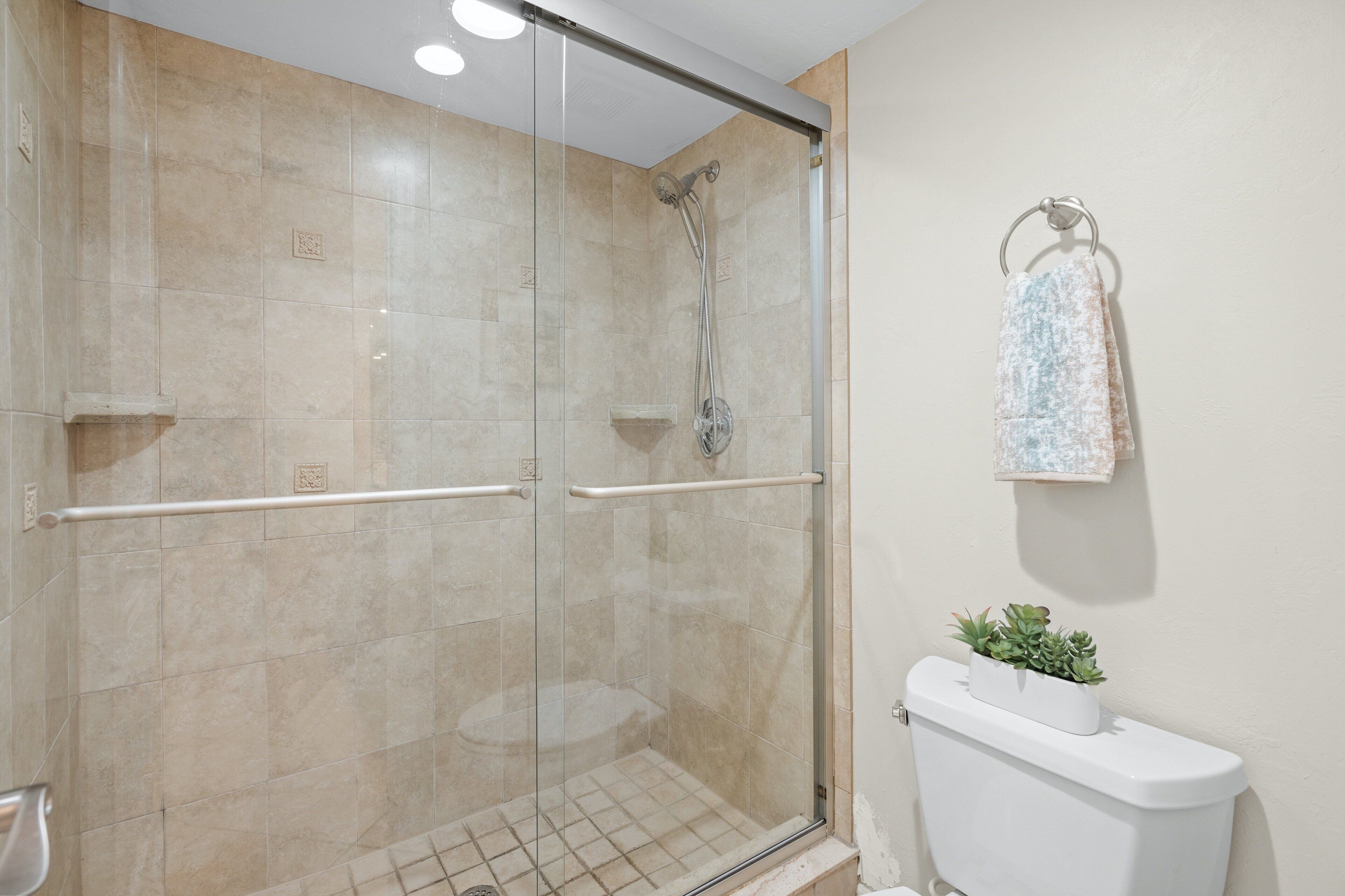 A glass-enclosed shower with beige tiles, a white toilet, and a small plant on the toilet tank.