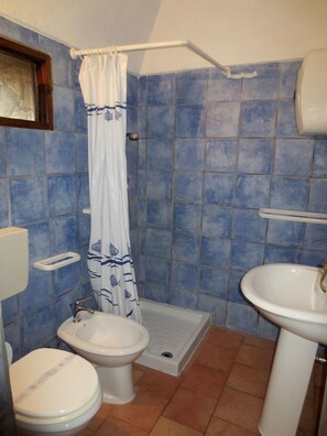 Een douche, een haardroger, een bidet, zeep