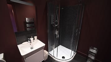 Combined shower/bathtub, hair dryer, towels, soap