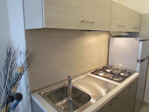 Kühlschrank, Mikrowelle, Herdplatte, Wasserkocher