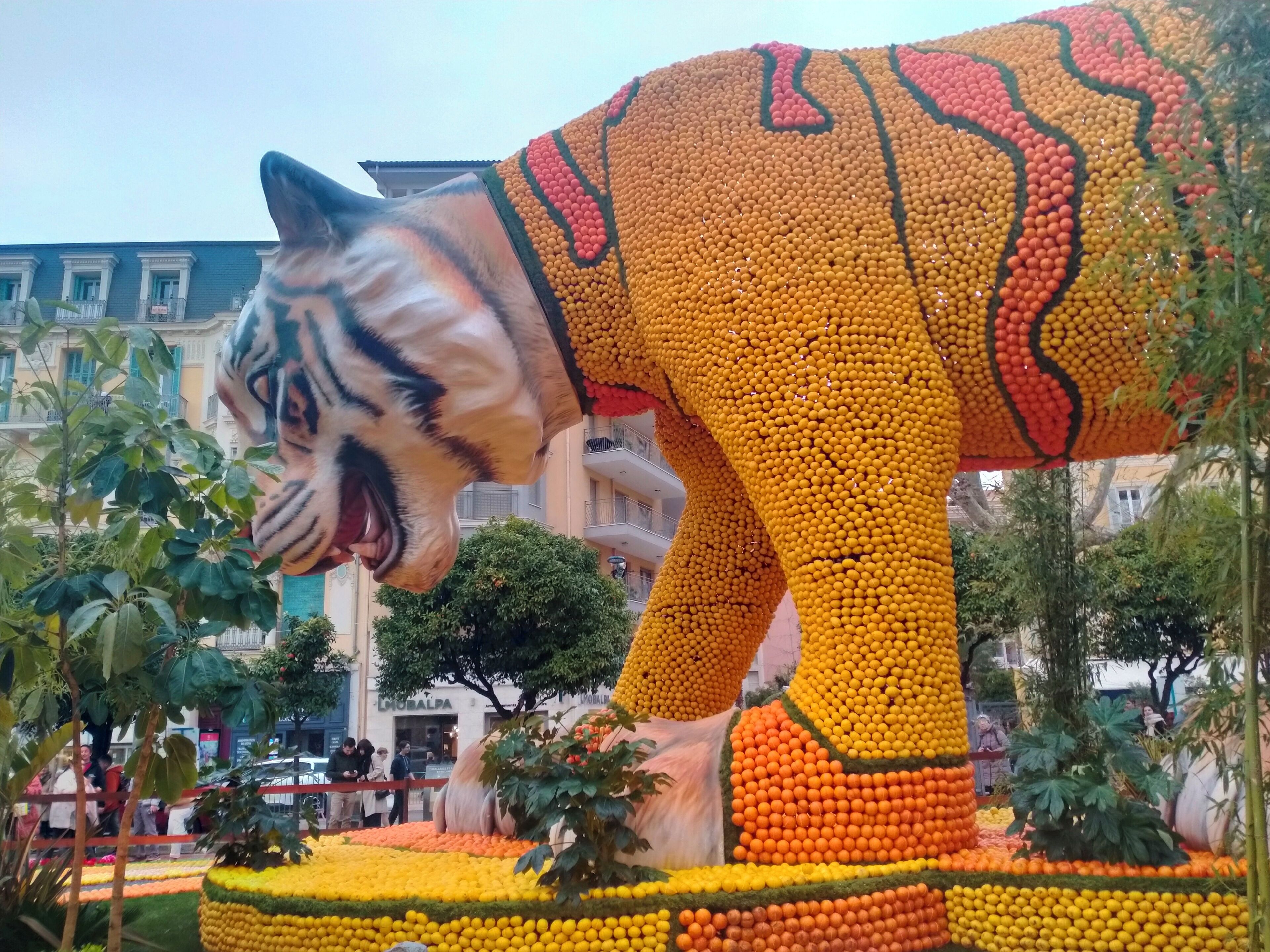 Una gran escultura al aire libre hecha de naranjas y limones, que representa a un tigre, ubicada en una plaza pública con edificios al fondo.