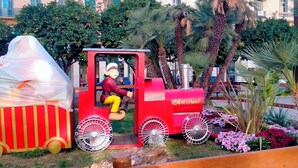 Un tren en miniatura con una figura en su interior, rodeado de follaje y palmeras.