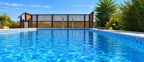 Piscina azul límpida com cerca de madeira e plantas tropicais ao redor.