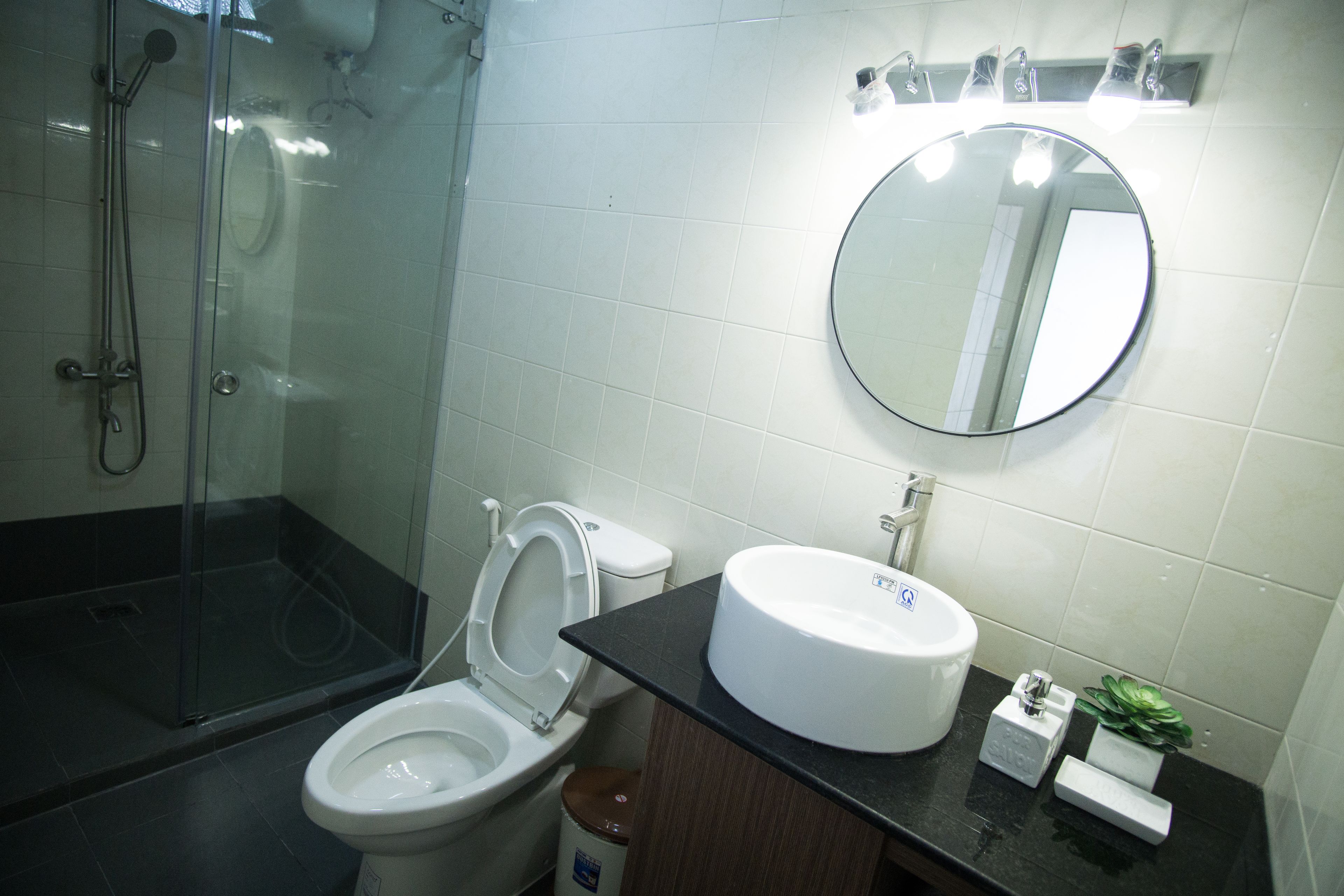 Un baño con ducha de vidrio, inodoro, lavamanos y espejo.