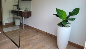 Une salle de bain moderne avec une douche à parois de verre, un lavabo blanc et une plante en pot.