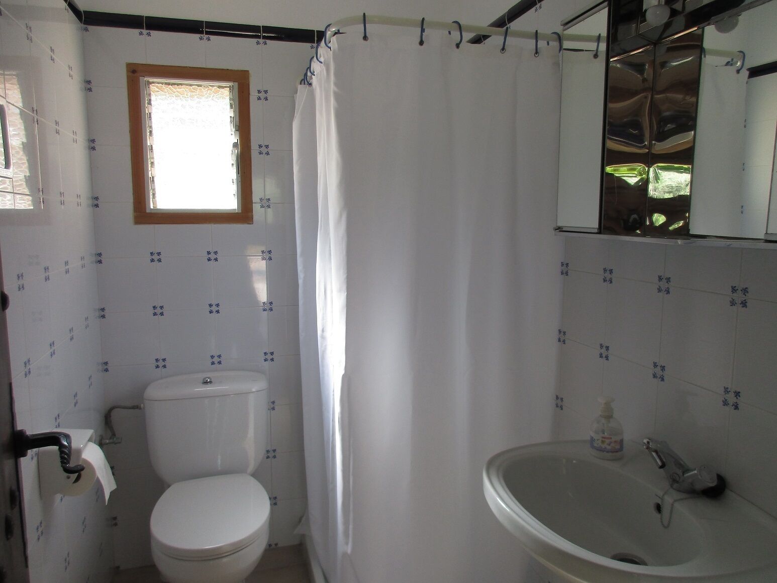 A bathroom with a toilet, a sink, and a shower curtain.
