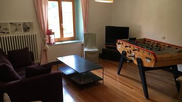 TV, video games, DVD player, foosball