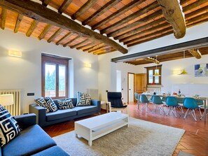 Tv, eldstad, dvd-spelare och ett bordtennisbord