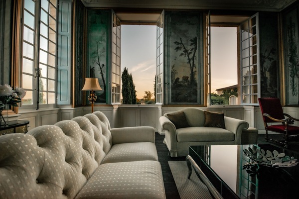 TV, fireplace, books