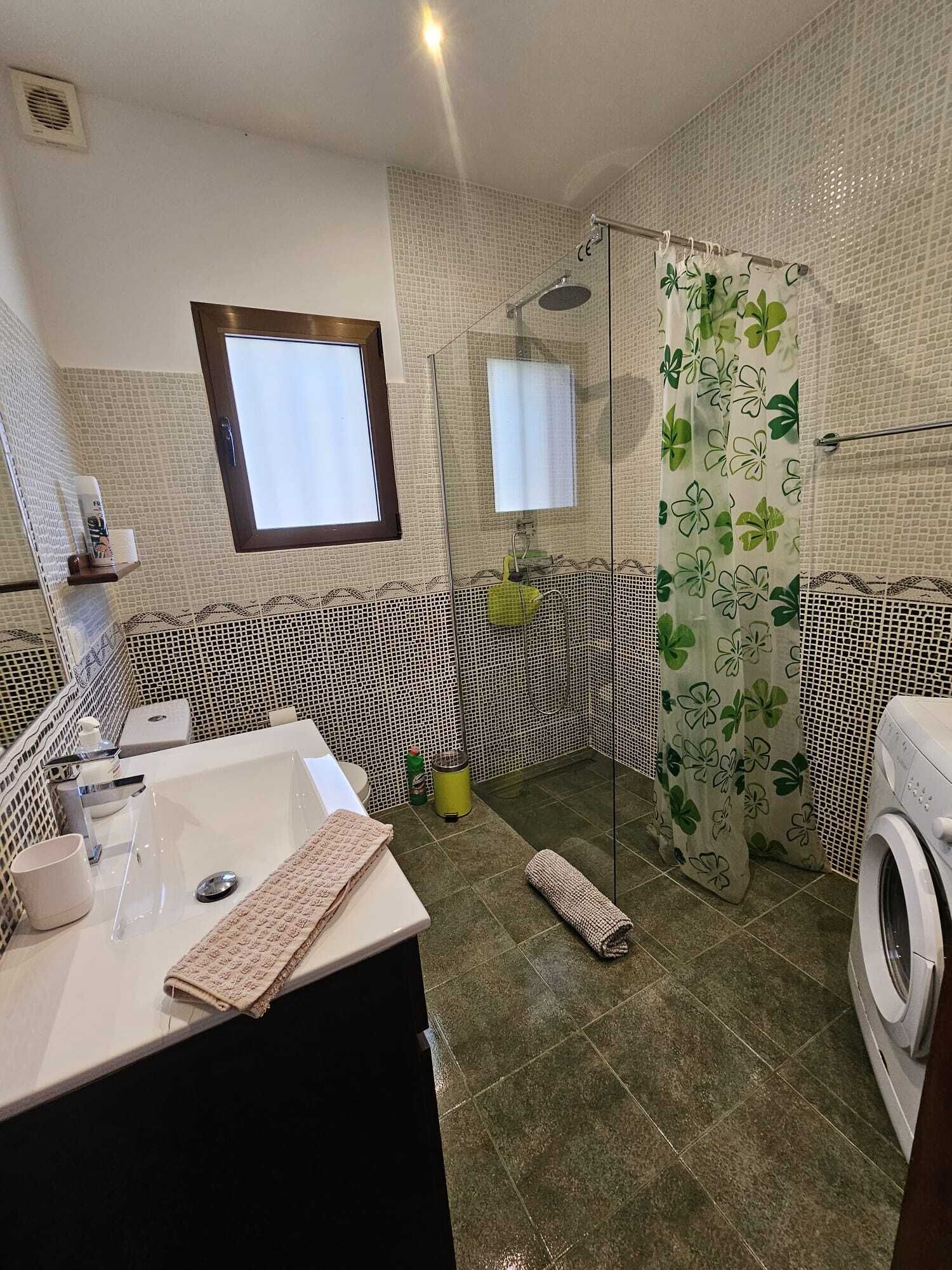 Un bany amb dutxa, un lavabo, un mirall i una màquina de rentar.