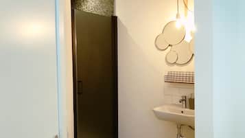 Shower, hair dryer, soap, shampoo
