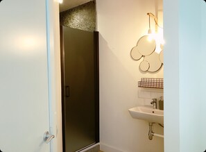 Shower, hair dryer, soap, shampoo