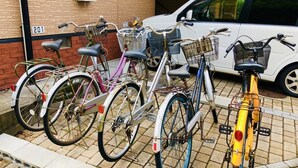 Bicycles parked in front of a building with a number 201 sign.
