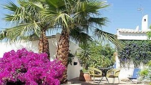 A patio area with a table and chairs, surrounded by palm trees and purple bougainvillea flowers. - Holiday home in a traditional finca in the heart of Andalusia (Antequera)